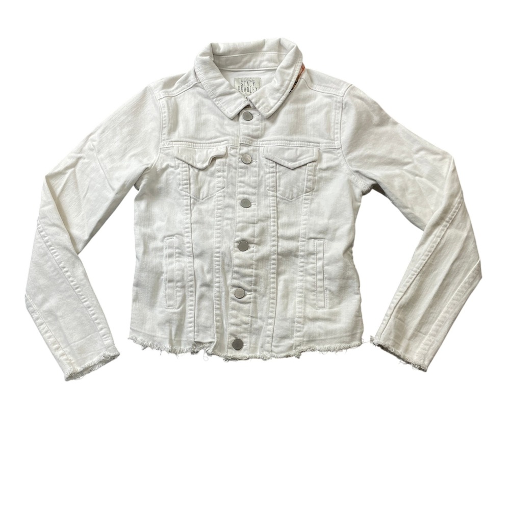Stacy Bradley XS Off White Raw Hem and Sleeve Jean Jacket Snap Closure